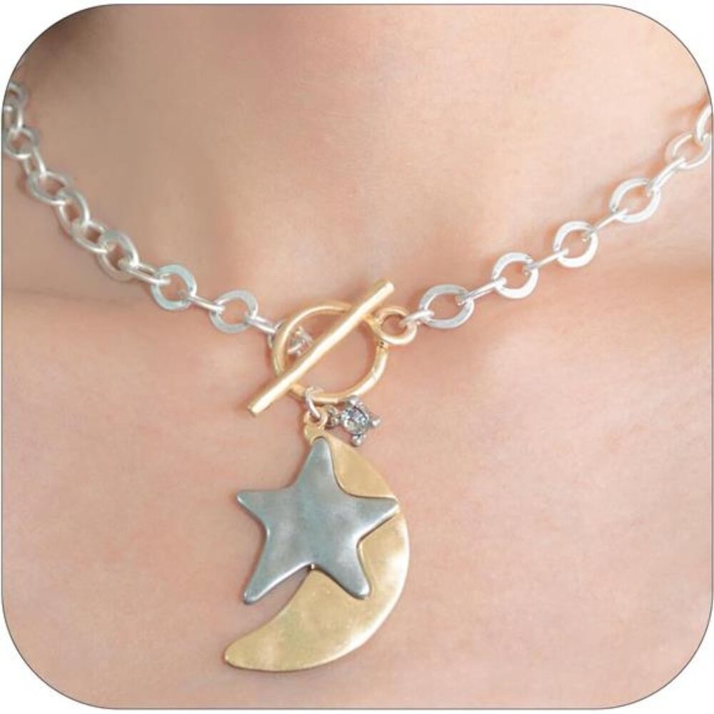 🌙 Layered Moon & Star Necklace – 18K Gold-Tone Celestial Pendant